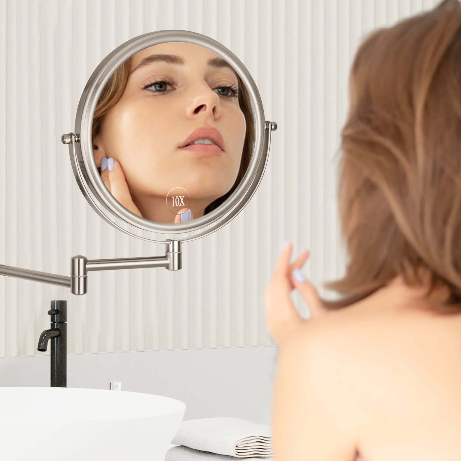Wall Mounted Makeup Mirror 10x Magnification 8 Inch Two Sided Swivel Extendable Bathroom Mirror Nickel Finish - View 7 of 7