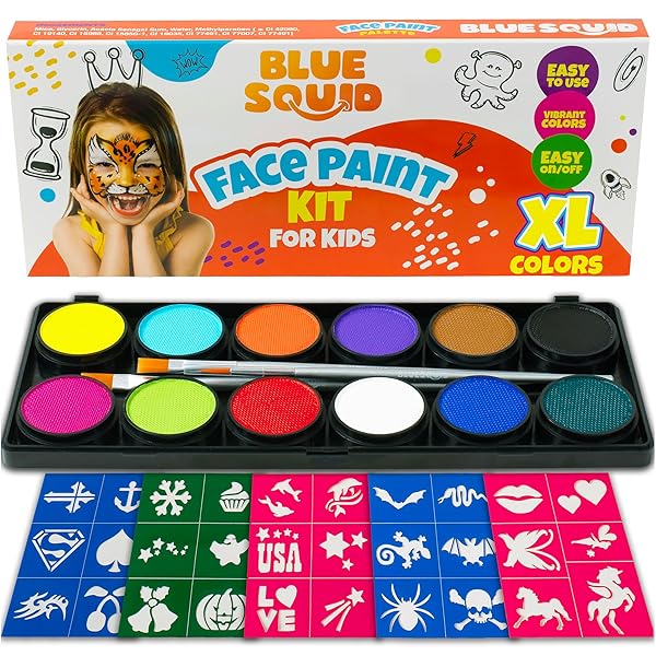 Blue Squid Blue Squid Face Painting Kit for Kids Complete Non Toxic Palette with Stencils 12 Colors Safe for Sensitive Skin Perfect for Parties and Halloween