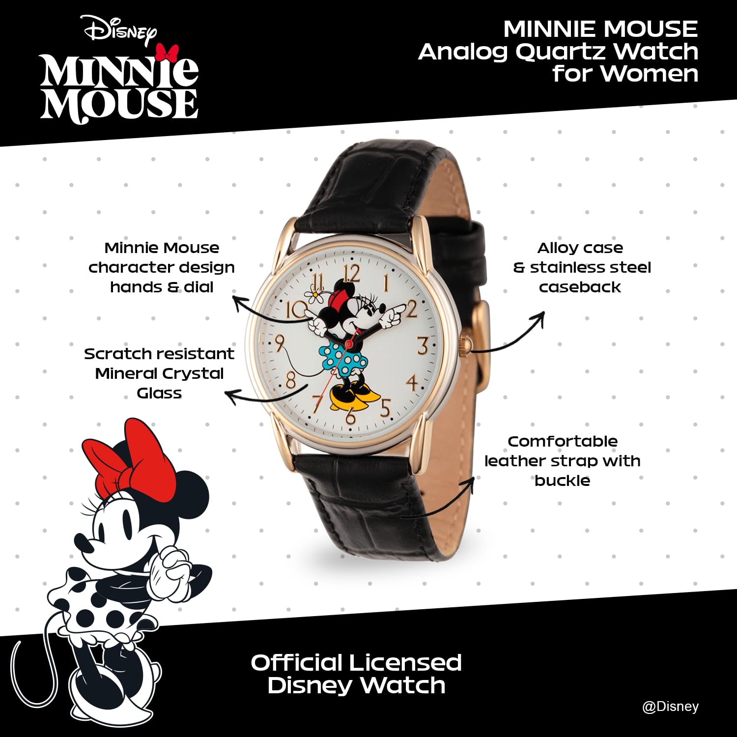 Disney Minnie Mouse Women's Cardiff Alloy Watch with Black Leather Strap W002769 - View 2 of 6
