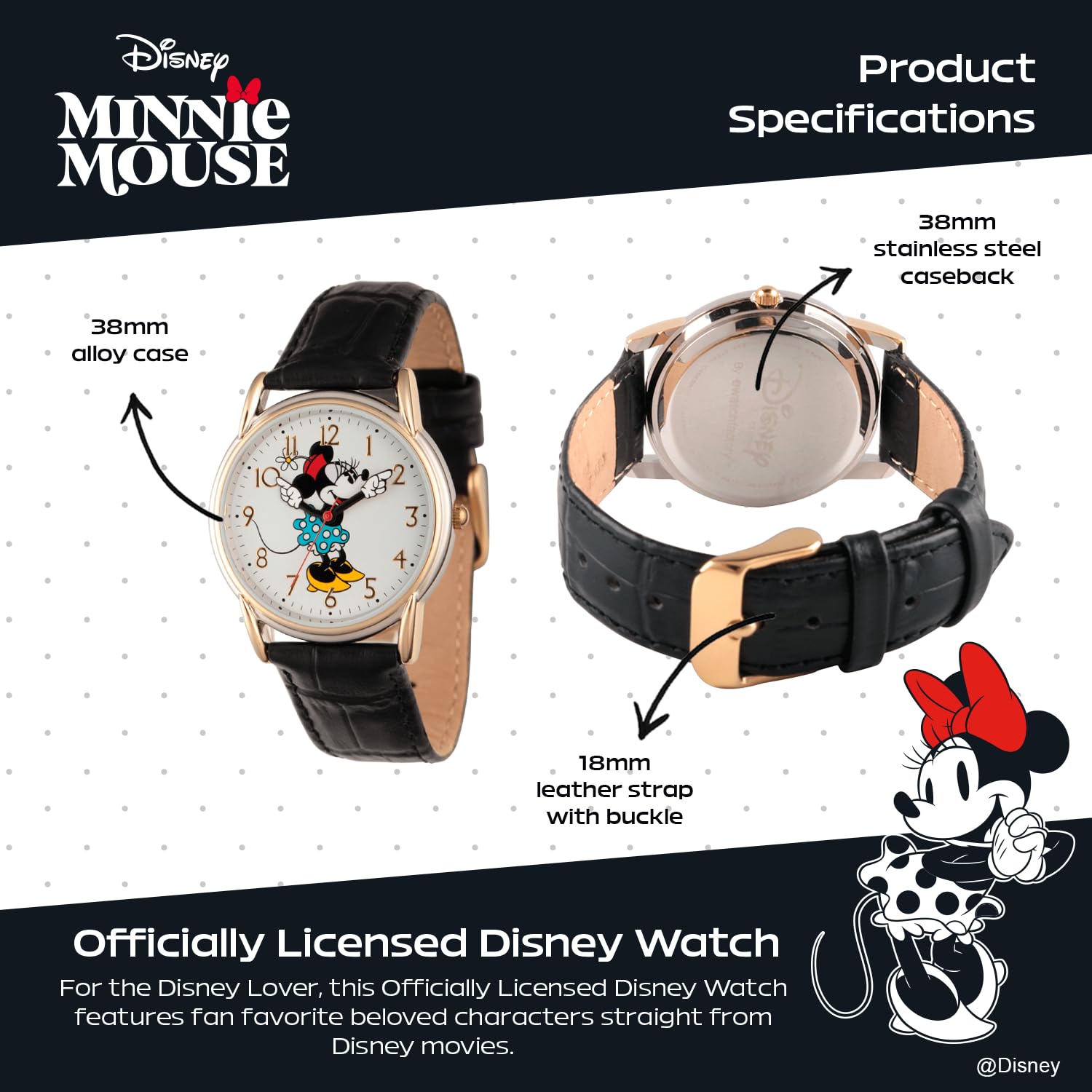 Disney Minnie Mouse Women's Cardiff Alloy Watch with Black Leather Strap W002769 - View 3 of 6