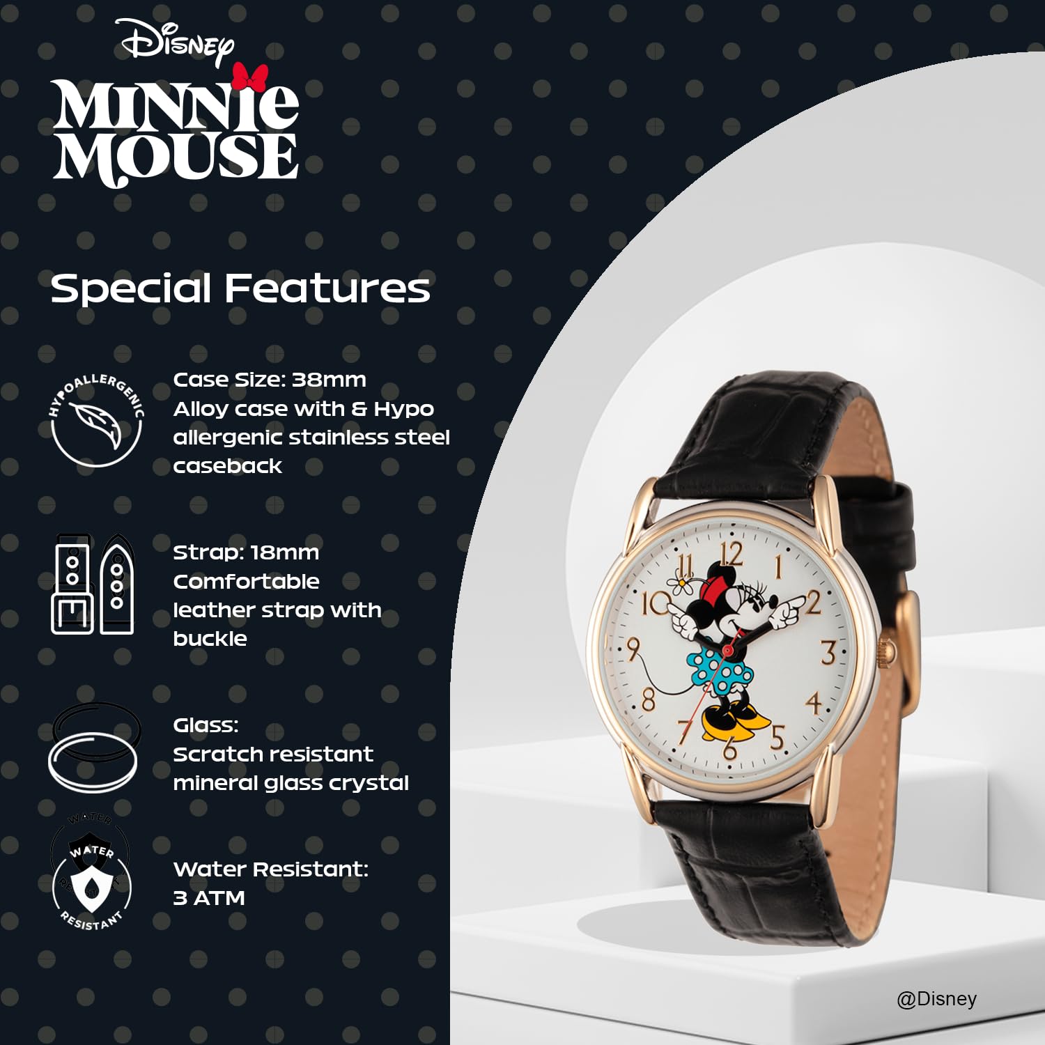 Disney Minnie Mouse Women's Cardiff Alloy Watch with Black Leather Strap W002769 - View 4 of 6