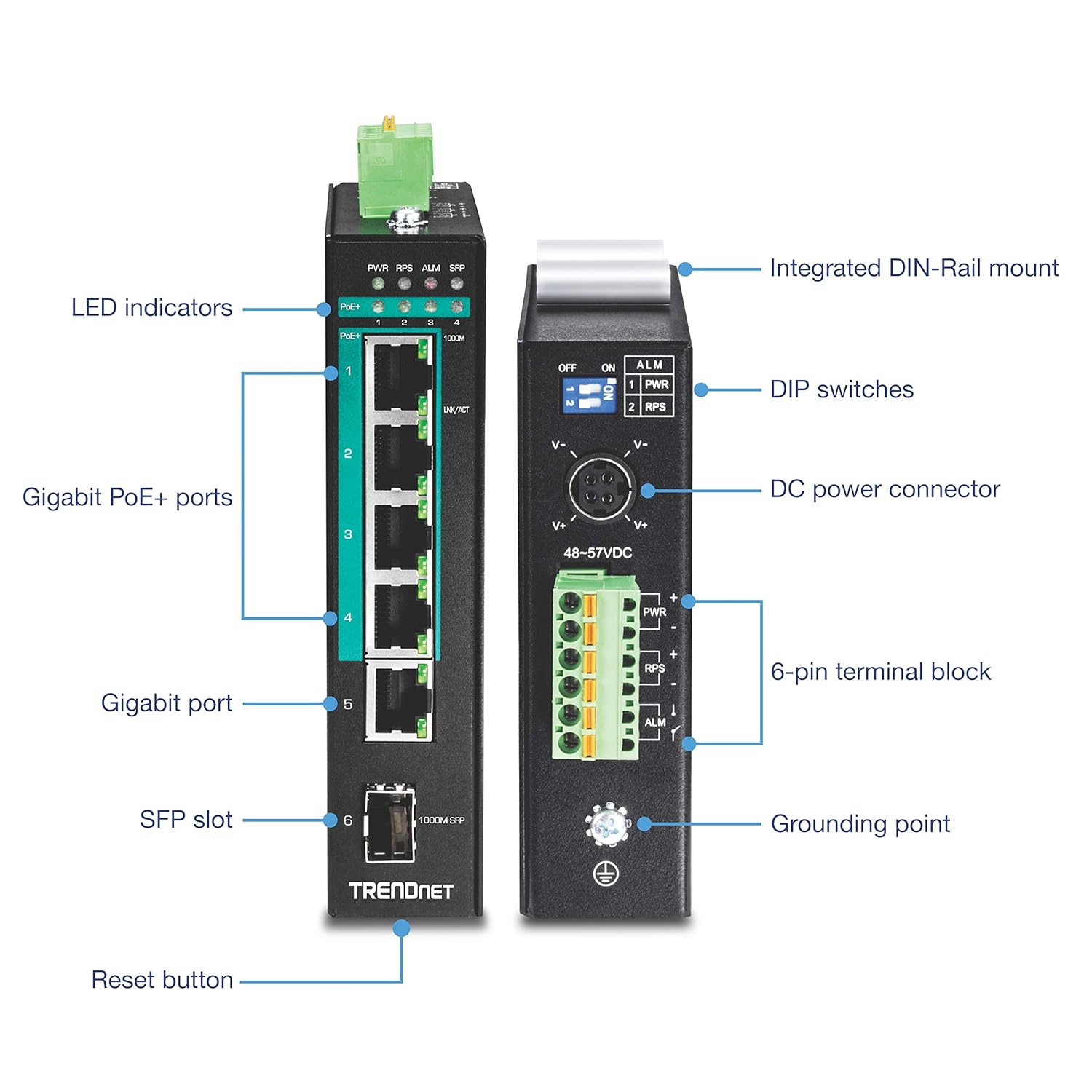TRENDnet TRENDnet 6 Port Hardened Industrial Gigabit Poe Plus Layer 2 Managed DIN Rail Switch with 4 PoE Ports and 120W Power Budget Black TI PG541i - View 9 of 9