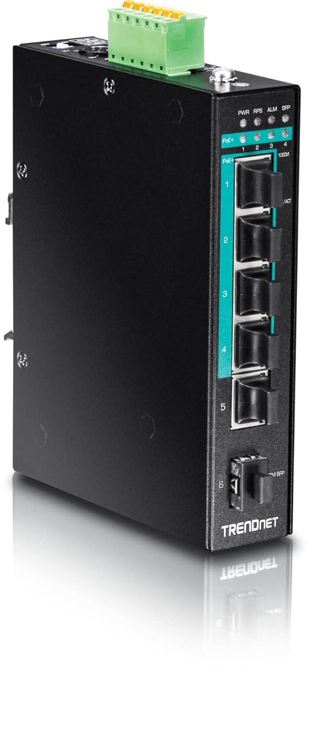 TRENDnet 6 Port Hardened Industrial Gigabit Poe Plus Layer 2 Managed DIN Rail Switch with 4 PoE Ports and 120W Power Budget Black TI PG541i