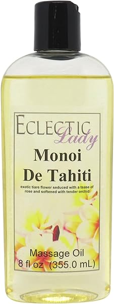 Eclectic Lady Monoi de Tahiti Massage Oil 8 oz with Sweet Almond and Jojoba Oil Preservative Free Ideal for Aromatherapy and Relaxation