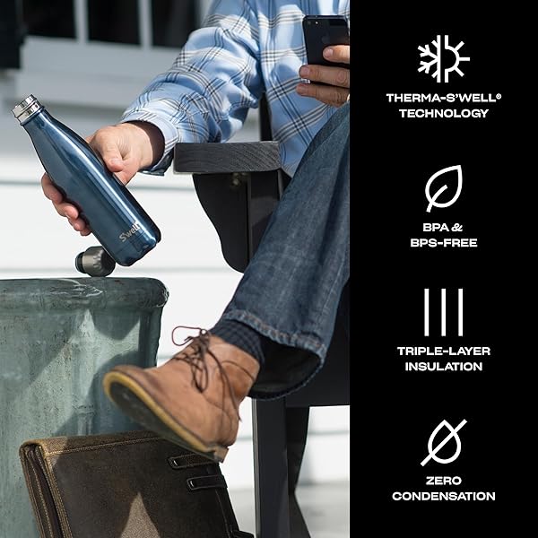 S'well Swell Stainless Steel Water Bottle 17oz Blue Suede Triple Layer Vacuum Insulated Keeps Drinks Cold for 36 Hours Hot for 18 BPA Free On the Go - View 4 of 6