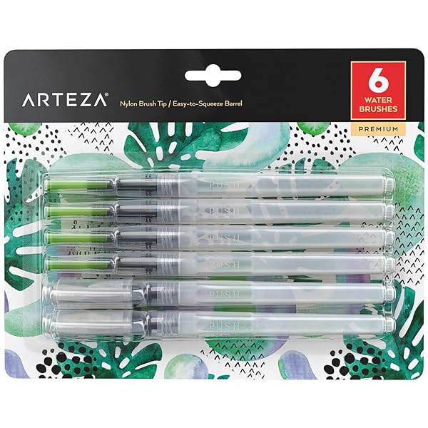 ARTEZA ARTEZA Water Brush Pen Set of 6 - Fine, Medium, Broad Tips | Self-Moistening & Refillable for Artists - View 2 of 9