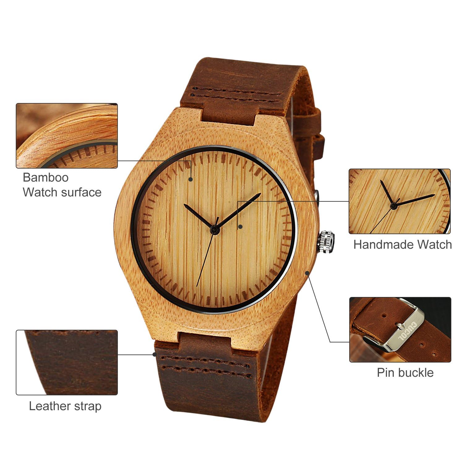 CUCOL Mens Wooden Watch with Brown Cowhide Leather Strap Casual Gift for Groomsmen in Box - View 3 of 8