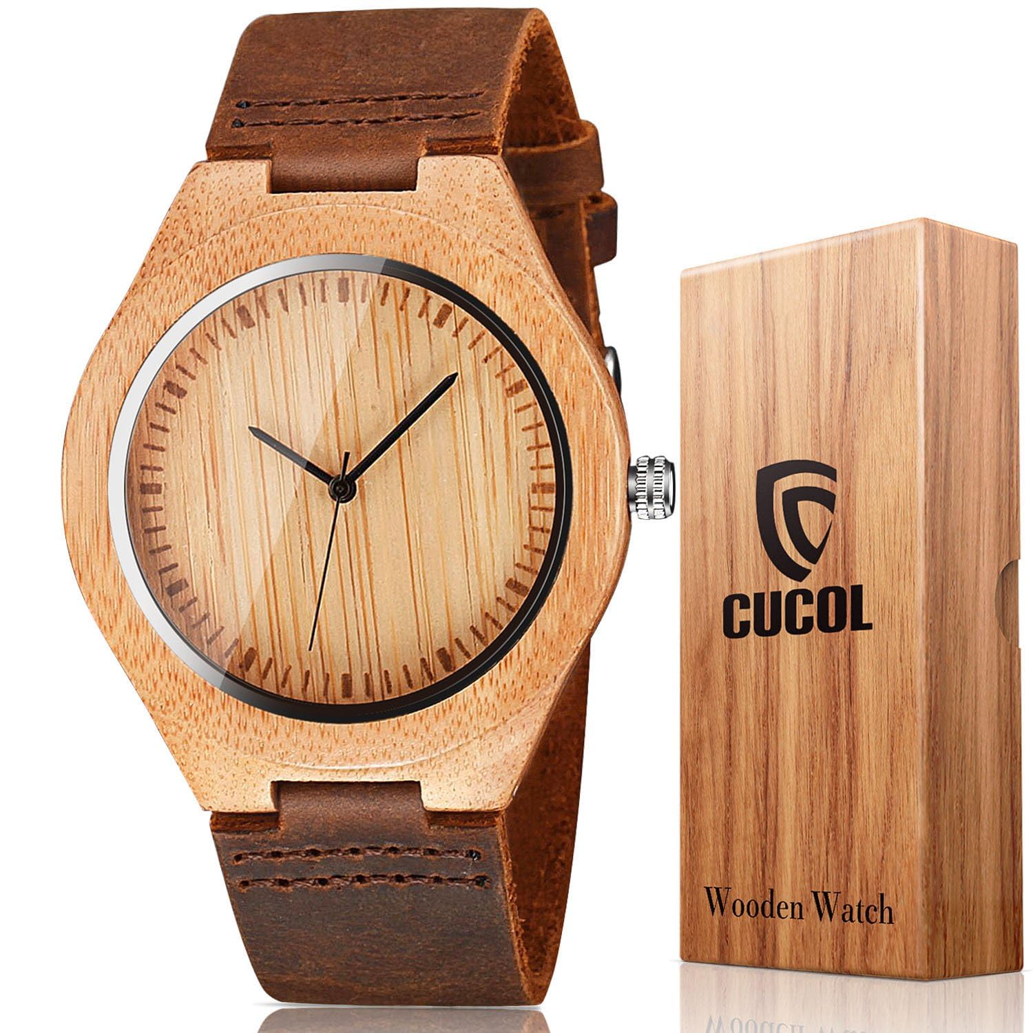 CUCOL Mens Wooden Watch with Brown Cowhide Leather Strap Casual Gift for Groomsmen in Box - View 5 of 8