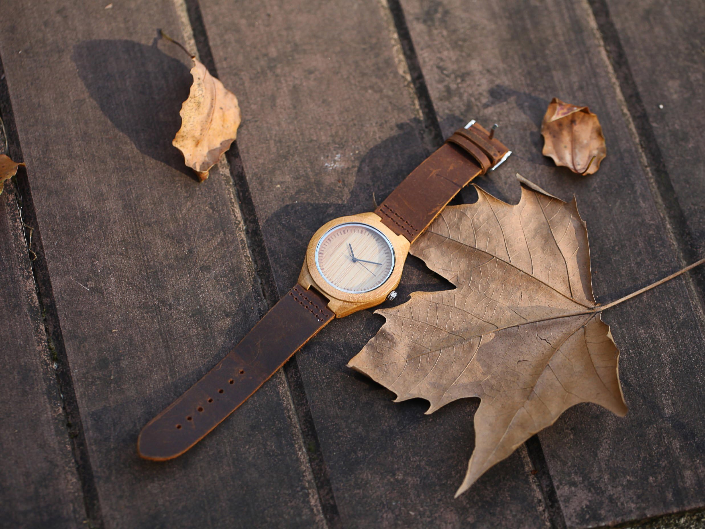 CUCOL Mens Wooden Watch with Brown Cowhide Leather Strap Casual Gift for Groomsmen in Box - View 7 of 8