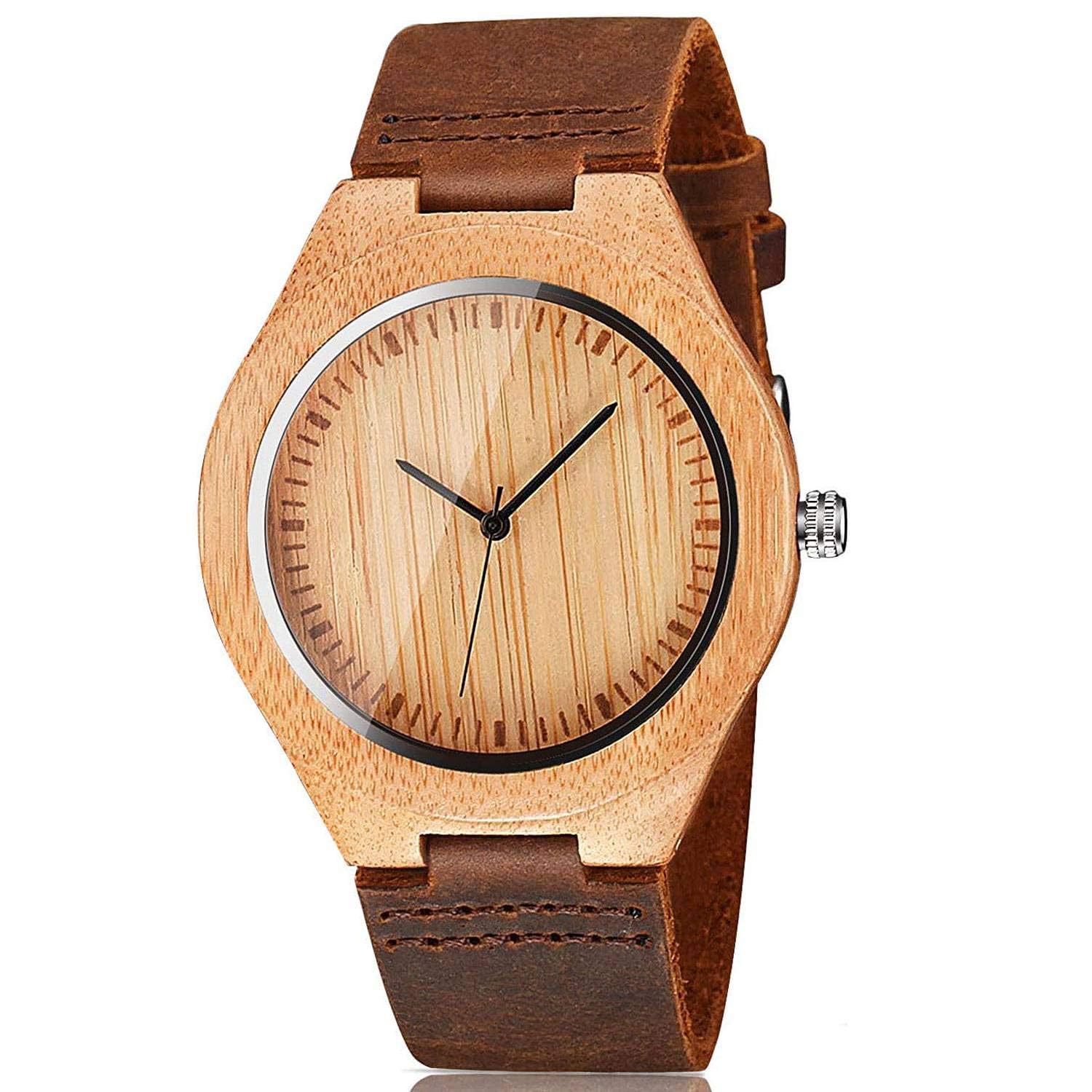 CUCOL Mens Wooden Watch with Brown Cowhide Leather Strap Casual Gift for Groomsmen in Box