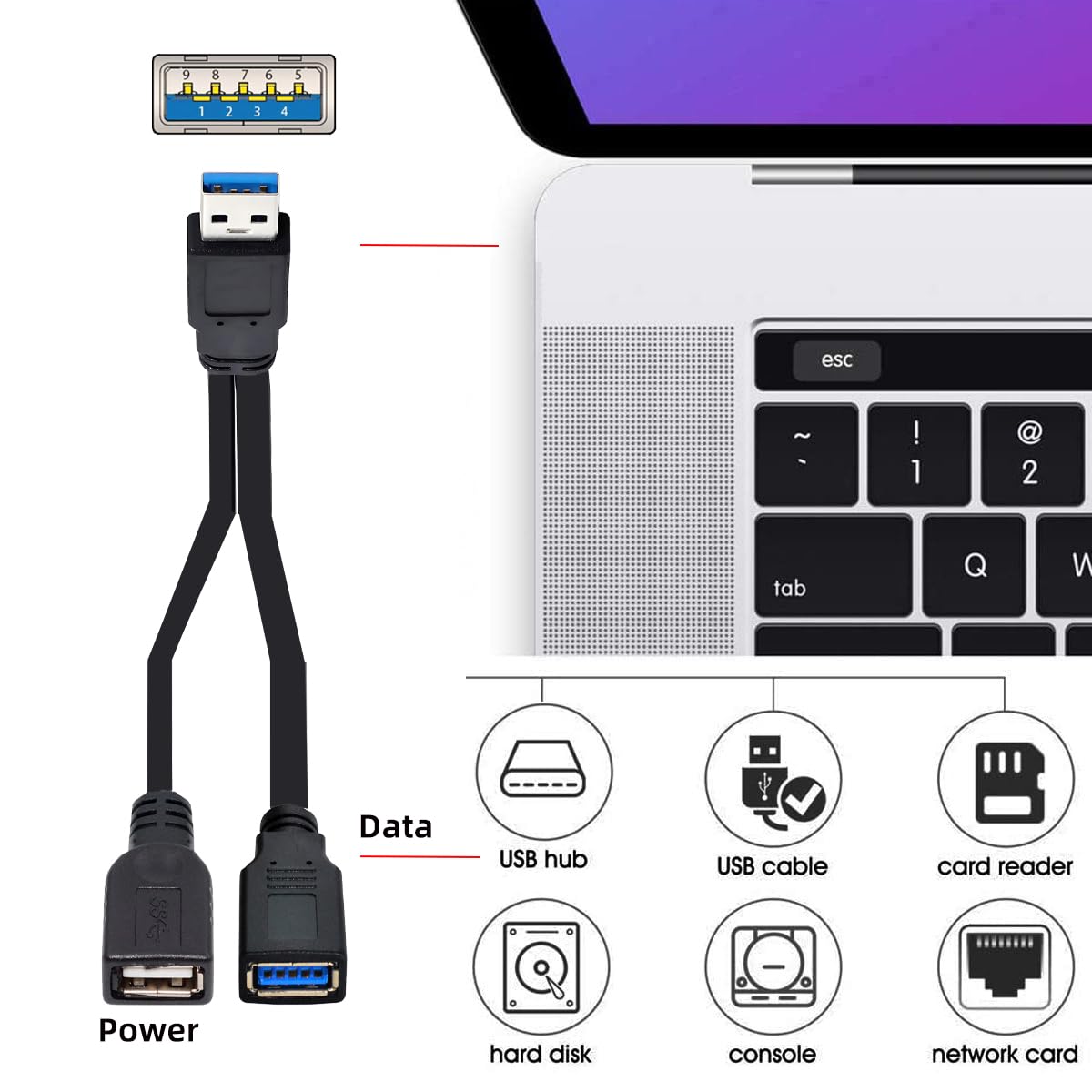Cablecc Black USB 3.0 Male to Dual USB Female Extra Power Data Y Extension Cable for 25 Inch Mobile Hard Disk - View 2 of 9