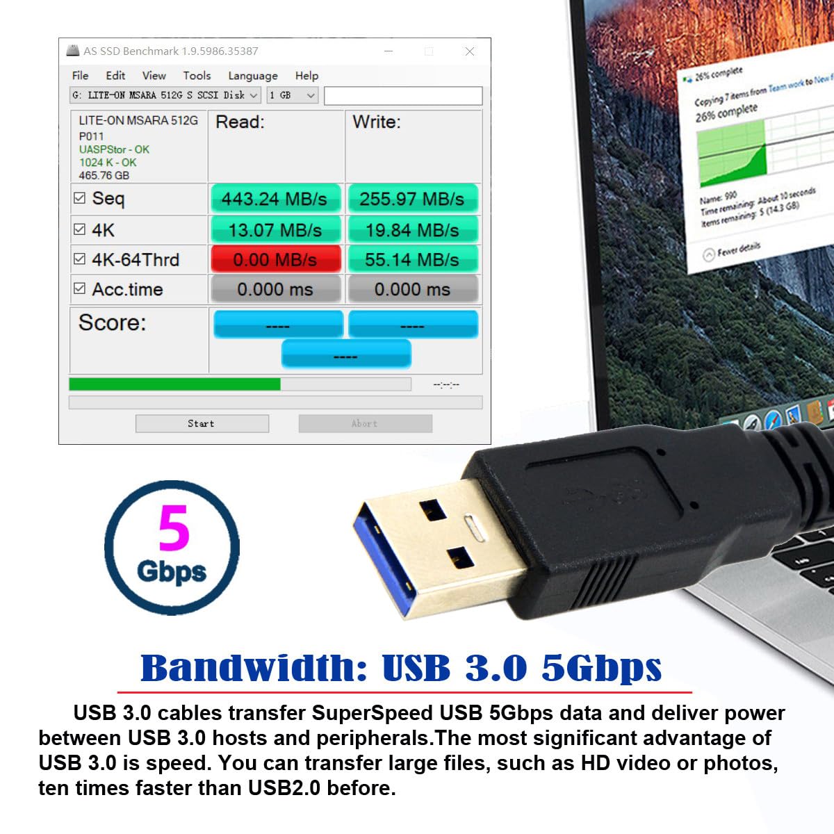 Cablecc Black USB 3.0 Male to Dual USB Female Extra Power Data Y Extension Cable for 25 Inch Mobile Hard Disk - View 3 of 9