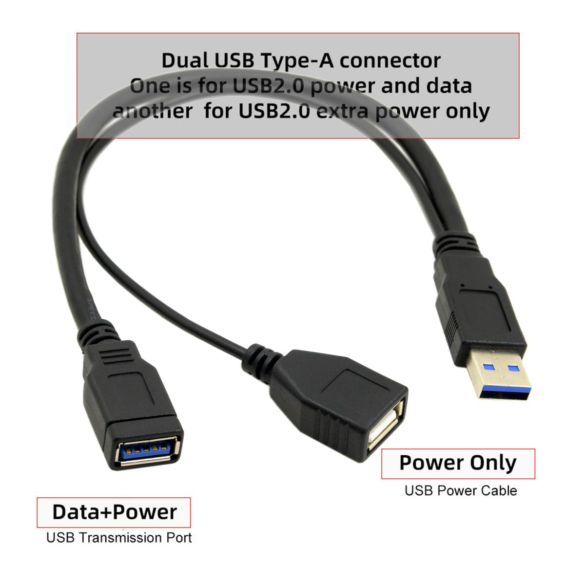 Cablecc Black USB 3.0 Male to Dual USB Female Extra Power Data Y Extension Cable for 25 Inch Mobile Hard Disk - View 7 of 9