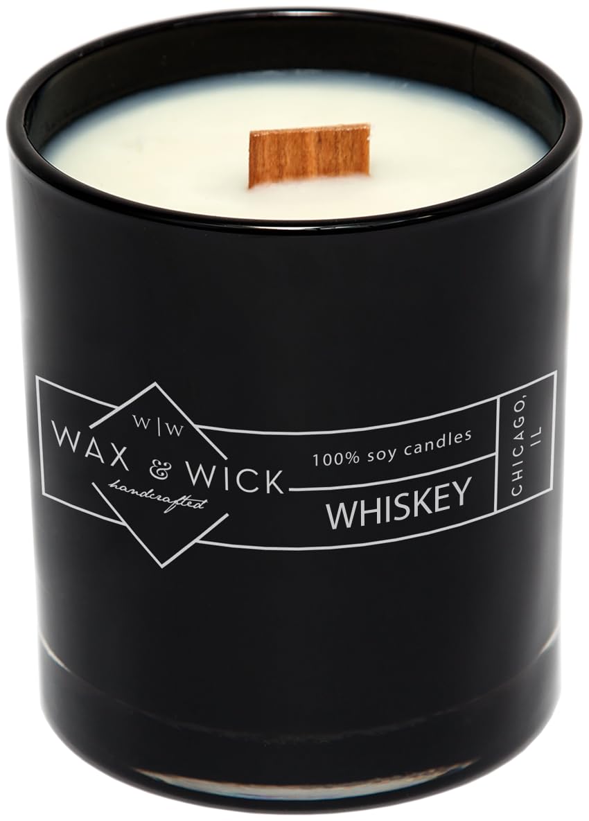 Wax and Wick 12oz Whiskey Scented Candle for Men 100% Soy Wax Double Wood Wick Black Jar Long Lasting Masculine Gift Made in USA