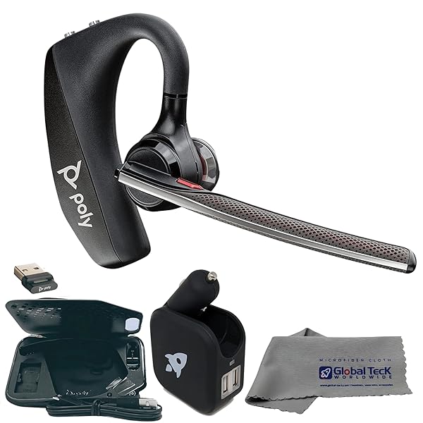 Global Teck Worldwide Plantronics Voyager 5200 Bluetooth Headset Bundle with Noise Canceling Mic for Calls and Zoom Meetings Rechargeable Battery and Travel Case
