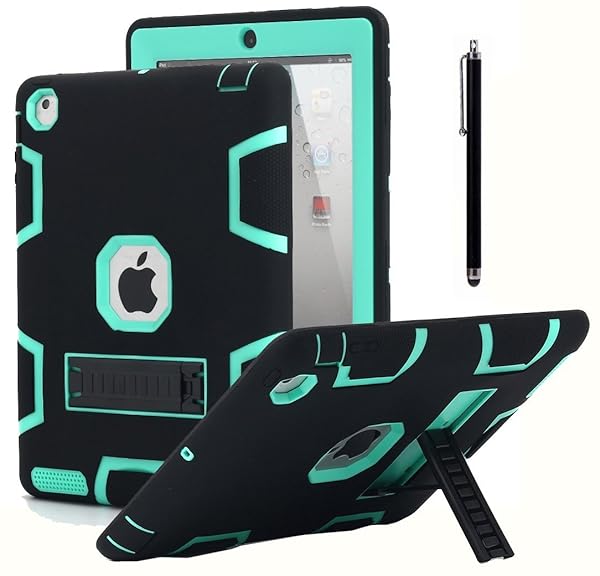AICase AICase Heavy Duty Shockproof iPad 2 3 4 Case with Kickstand and Stylus Rugged Three Layer Armor Protection Black Mint Blue - View 2 of 8