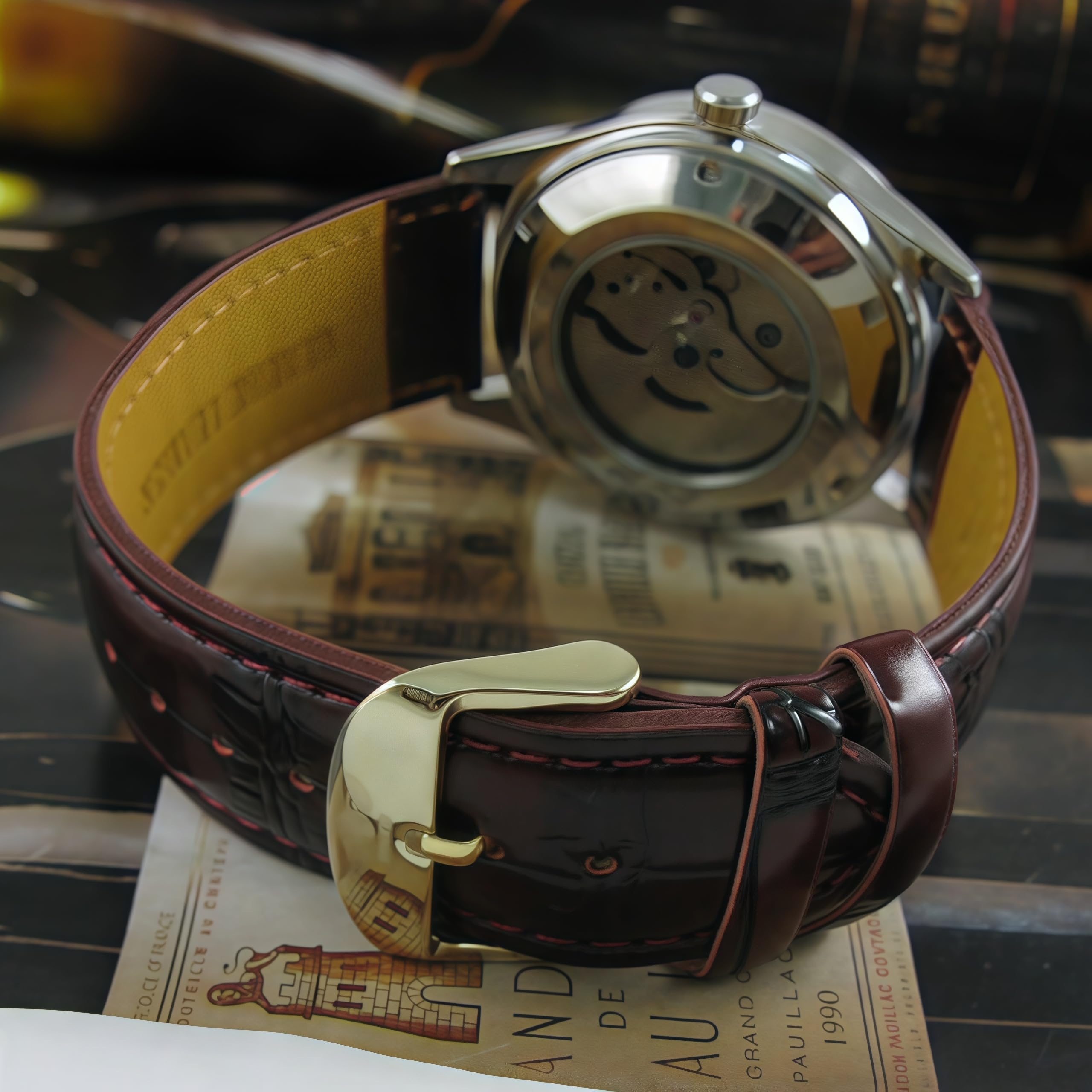 MASTOP Men's Classic Automatic Mechanical Day Calendar Luxury Leather Watch Brown - View 3 of 6