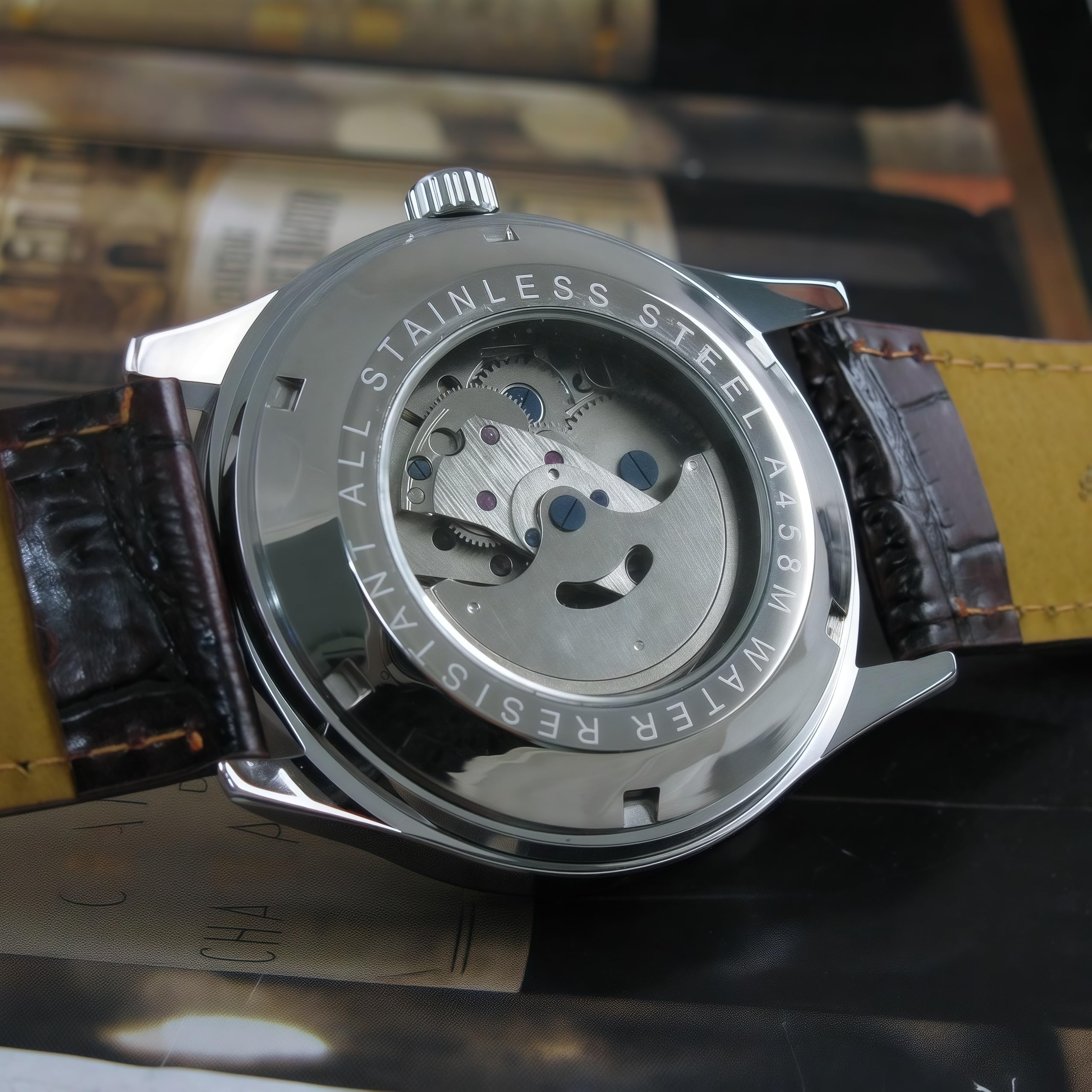 MASTOP Men's Classic Automatic Mechanical Day Calendar Luxury Leather Watch Brown - View 4 of 6