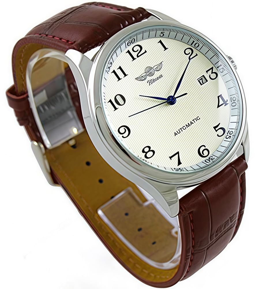 MASTOP Men's Classic Automatic Mechanical Day Calendar Luxury Leather Watch Brown