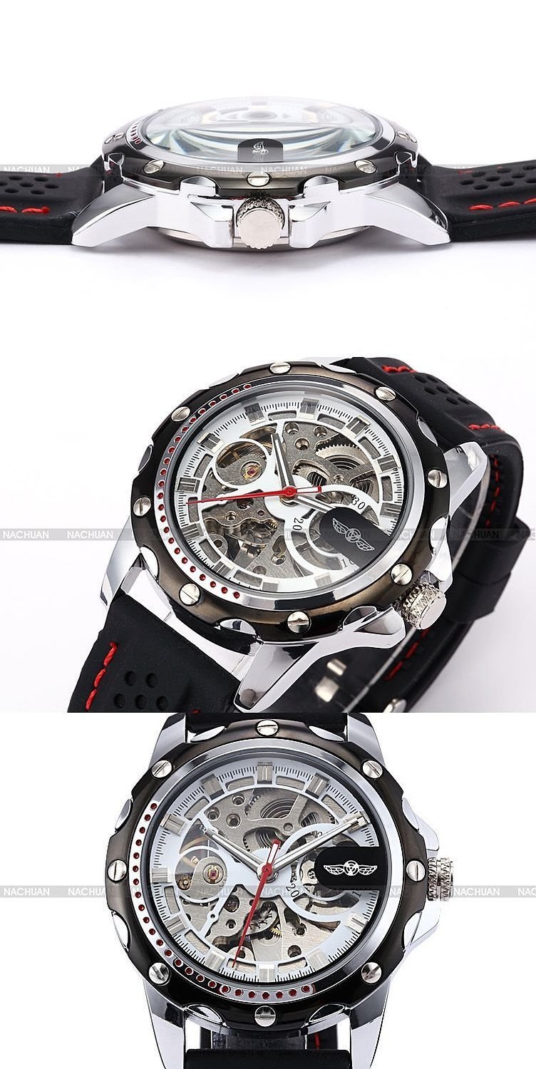 Mastop Mens Skeleton Automatic Mechanical Black Silicone Sport Wrist Watch for Active Lifestyle - View 4 of 5