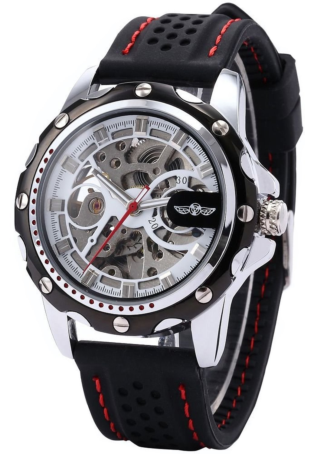 Mastop Mens Skeleton Automatic Mechanical Black Silicone Sport Wrist Watch for Active Lifestyle