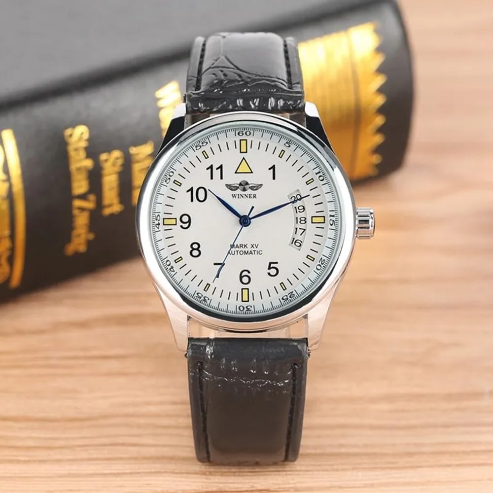 MASTOP Fashion Men's Black Leather Automatic Self Winding Sport Watch for Day Date Use - View 3 of 7