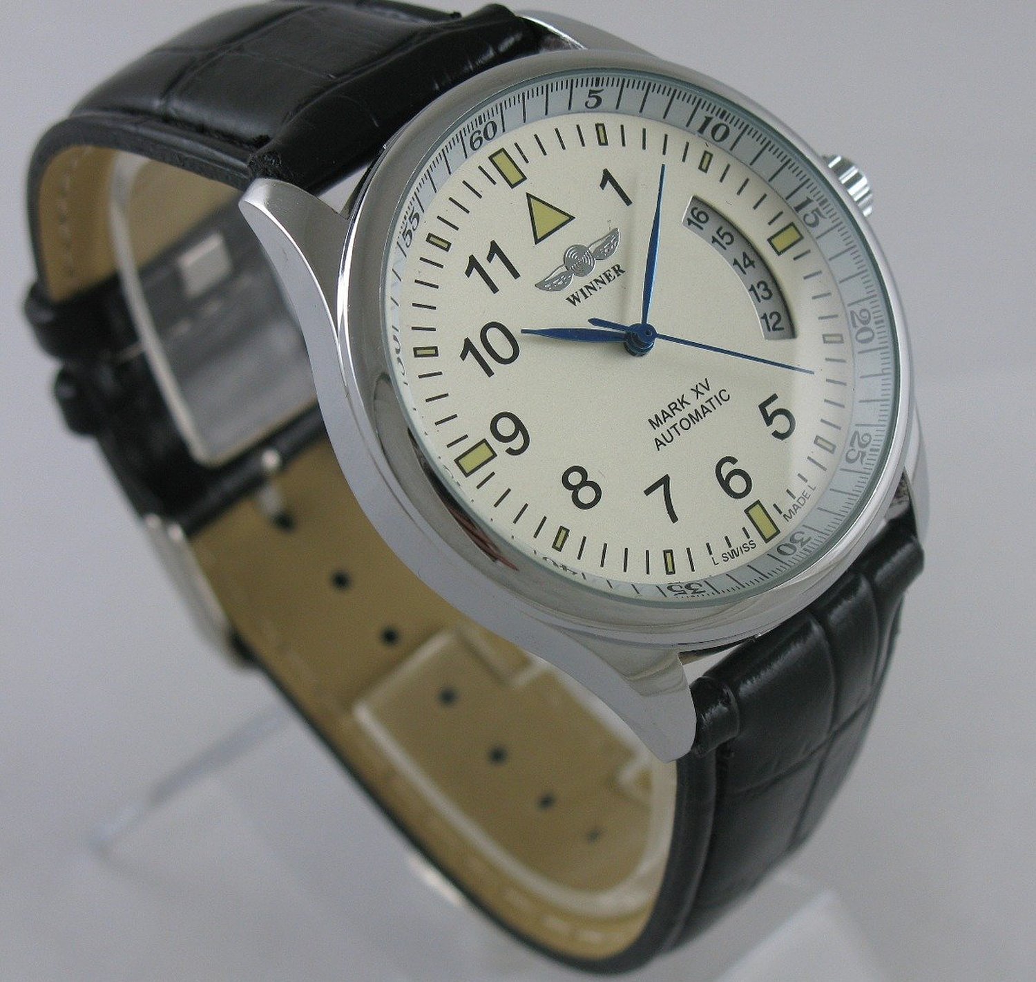 MASTOP Fashion Men's Black Leather Automatic Self Winding Sport Watch for Day Date Use - View 5 of 7