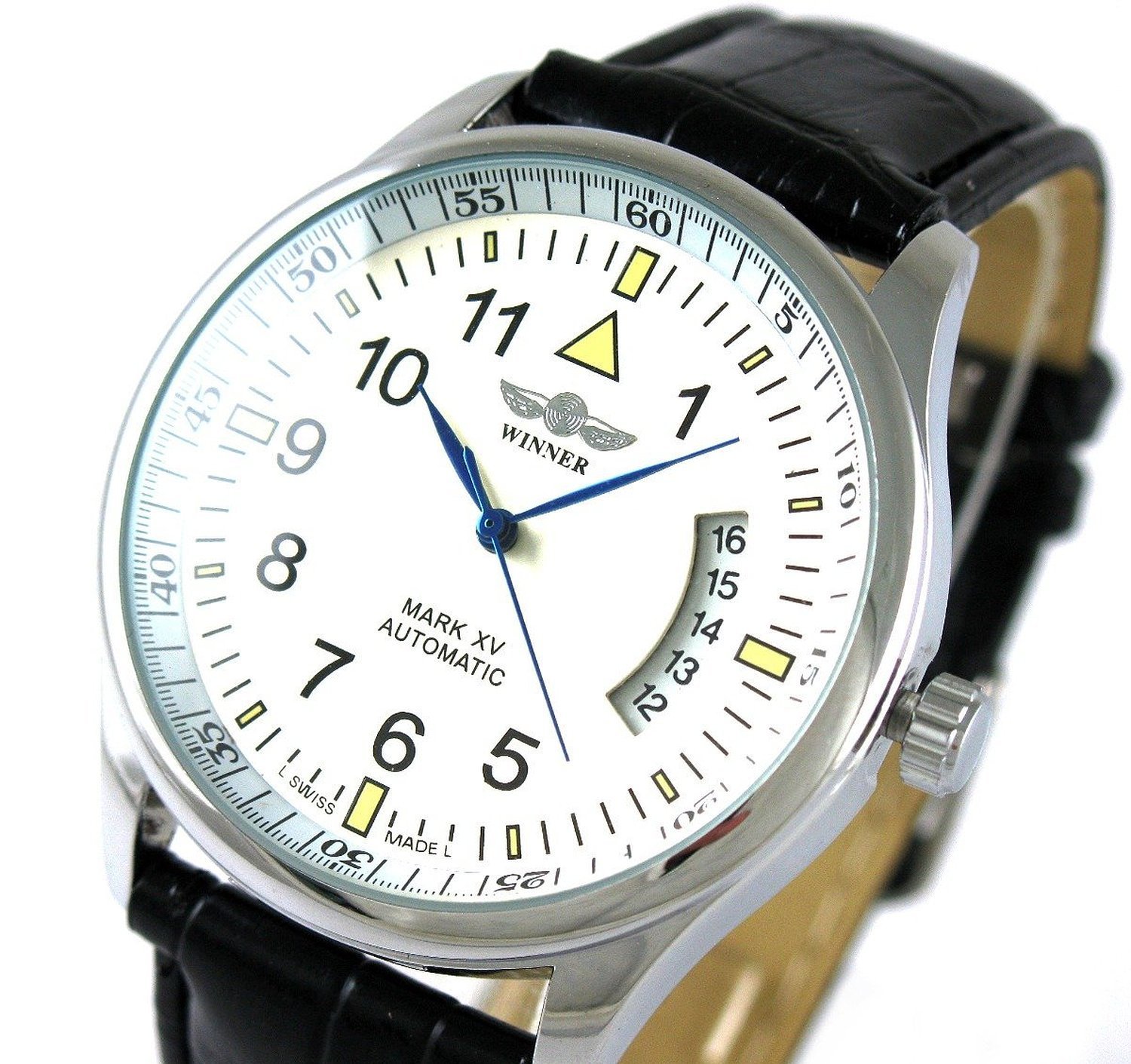 MASTOP Fashion Men's Black Leather Automatic Self Winding Sport Watch for Day Date Use - View 6 of 7