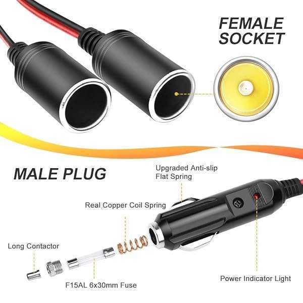 ELECTOP Buy ELECTOP 1 to 2 Car Cigarette Lighter Splitter Adapter - 12V/24V Dual Port Charger with 10-Inch Extension Cord & 15A Fuse - View 2 of 8