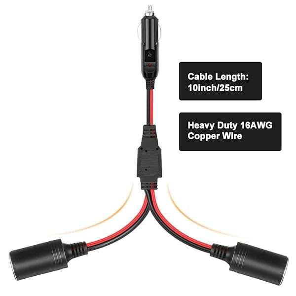 ELECTOP Buy ELECTOP 1 to 2 Car Cigarette Lighter Splitter Adapter - 12V/24V Dual Port Charger with 10-Inch Extension Cord & 15A Fuse - View 3 of 8