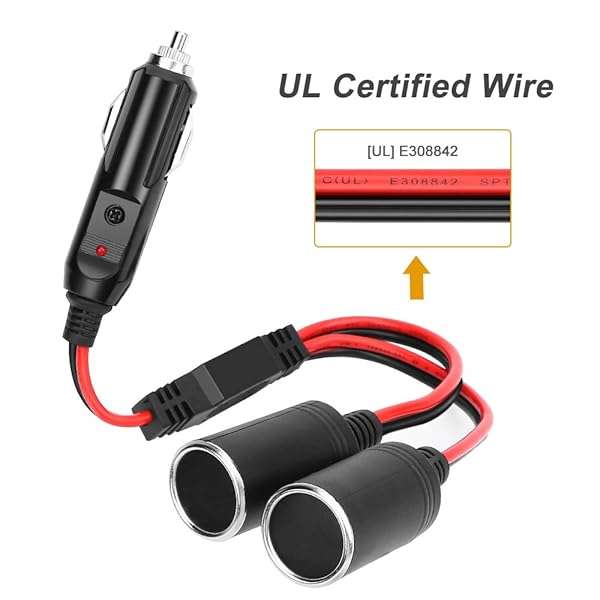 ELECTOP Buy ELECTOP 1 to 2 Car Cigarette Lighter Splitter Adapter - 12V/24V Dual Port Charger with 10-Inch Extension Cord & 15A Fuse - View 4 of 8