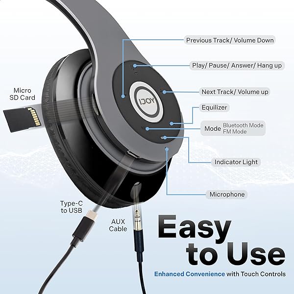 iJoy iJoy Bluetooth Headphones Over Ear Wireless Wired Foldable Headset with Microphone for Adults Kids Men Women Stealth Model - View 6 of 11