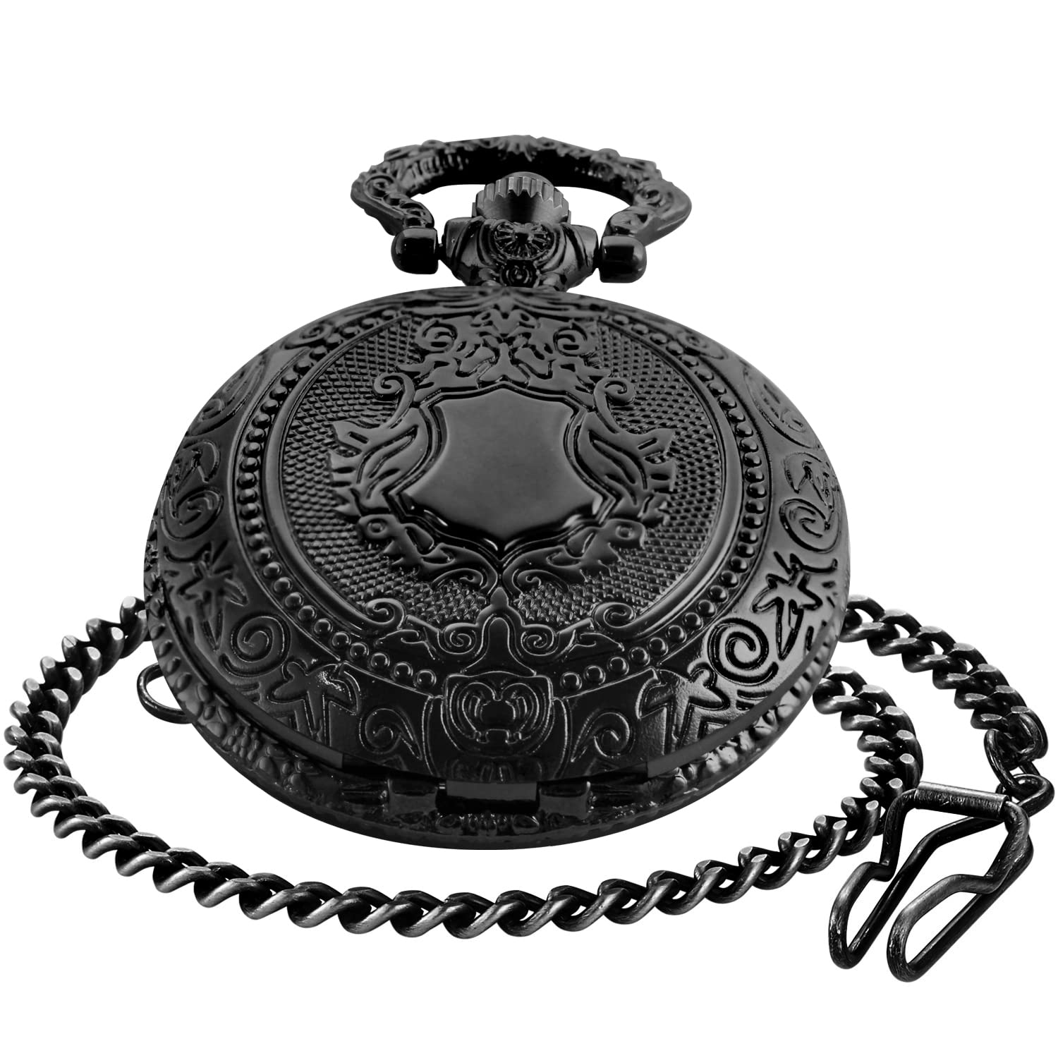 Realpoo Black Shield Men's Quartz Pocket Watch with Chain Arabic Numeral Digital Scale Blue Retro Style - View 2 of 8