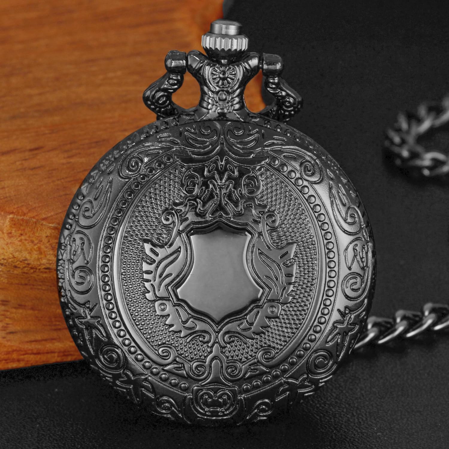 Realpoo Black Shield Men's Quartz Pocket Watch with Chain Arabic Numeral Digital Scale Blue Retro Style - View 3 of 8