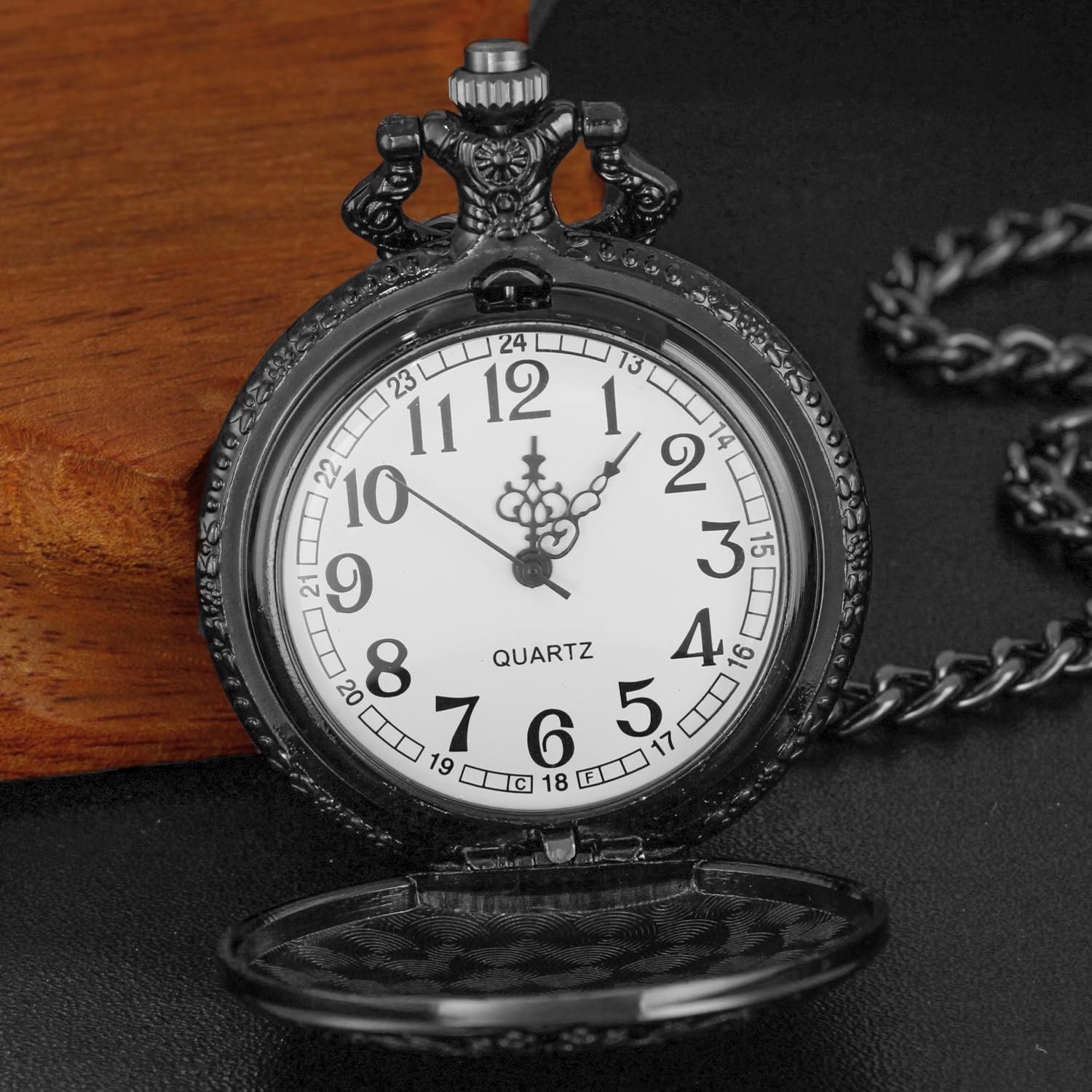 Realpoo Black Shield Men's Quartz Pocket Watch with Chain Arabic Numeral Digital Scale Blue Retro Style - View 4 of 8