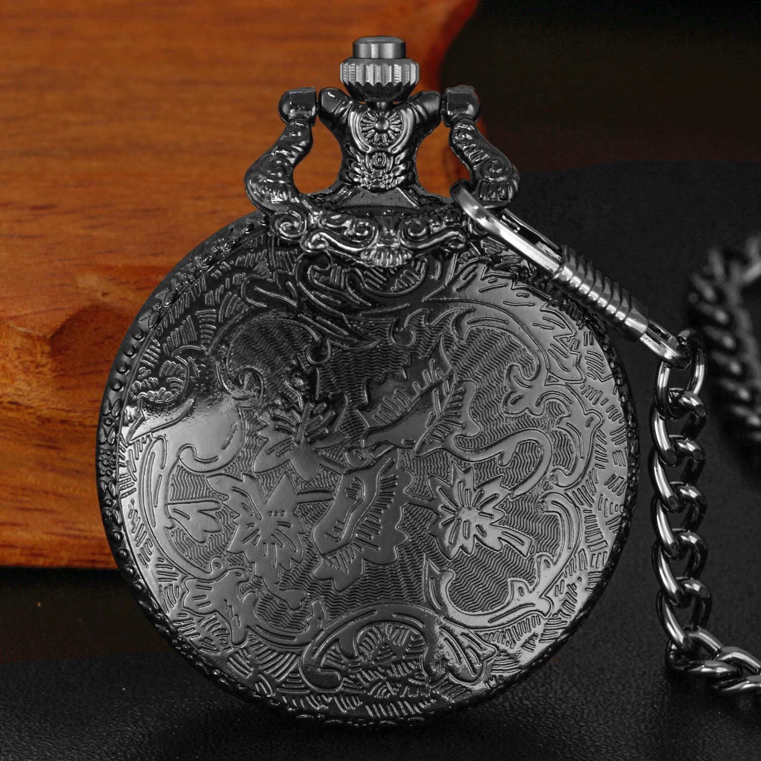 Realpoo Black Shield Men's Quartz Pocket Watch with Chain Arabic Numeral Digital Scale Blue Retro Style - View 5 of 8