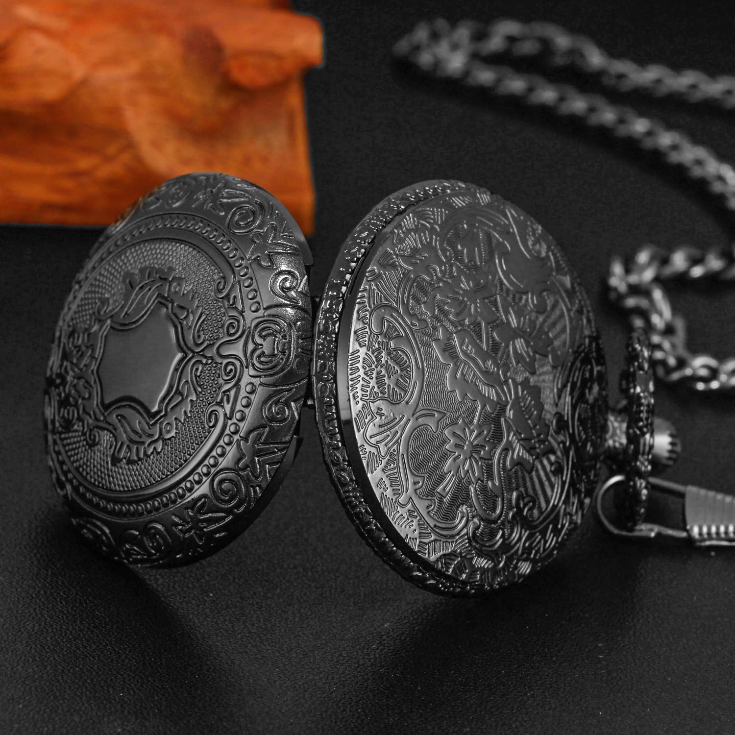 Realpoo Black Shield Men's Quartz Pocket Watch with Chain Arabic Numeral Digital Scale Blue Retro Style - View 6 of 8