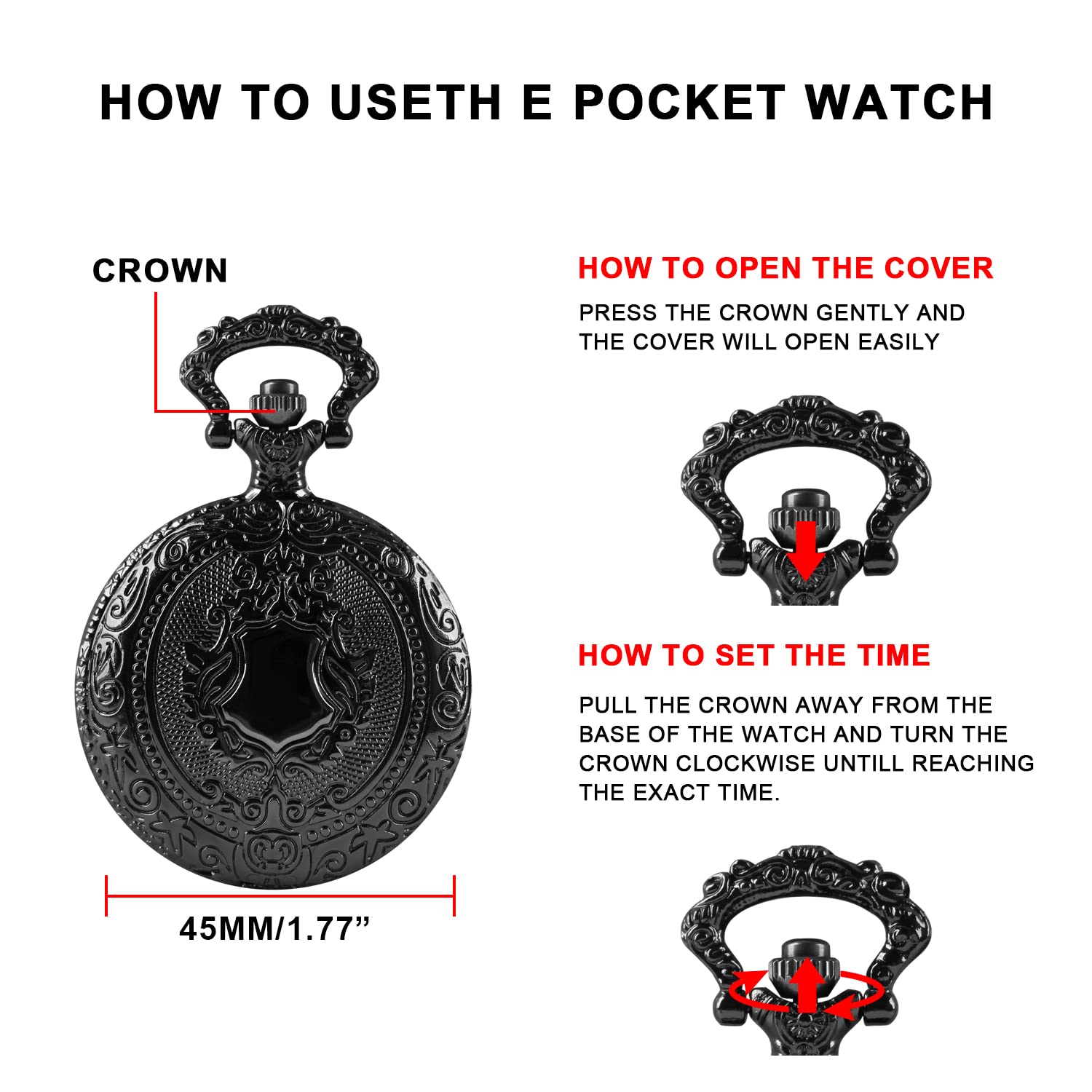 Realpoo Black Shield Men's Quartz Pocket Watch with Chain Arabic Numeral Digital Scale Blue Retro Style - View 7 of 8