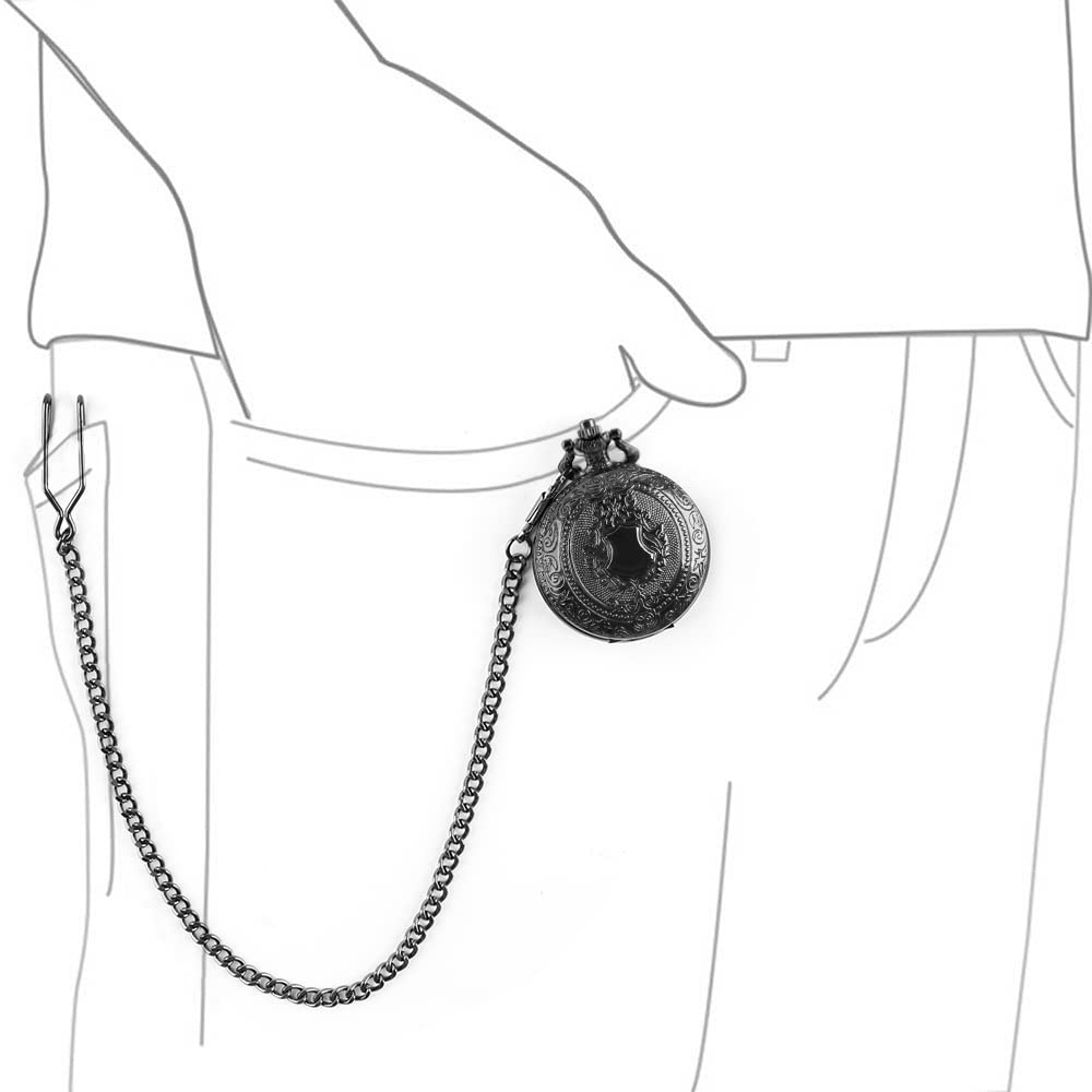 Realpoo Black Shield Men's Quartz Pocket Watch with Chain Arabic Numeral Digital Scale Blue Retro Style - View 8 of 8