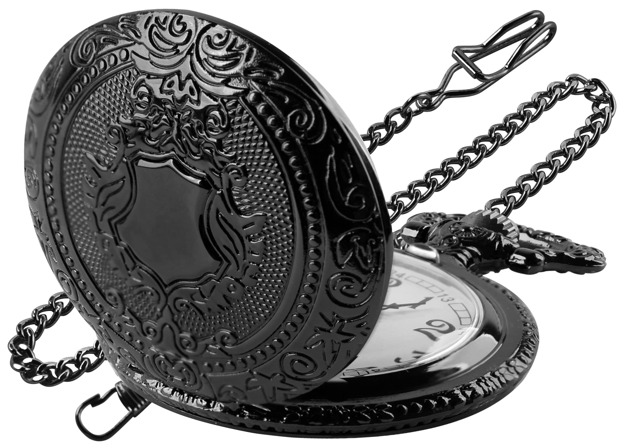 Realpoo Black Shield Men's Quartz Pocket Watch with Chain Arabic Numeral Digital Scale Blue Retro Style