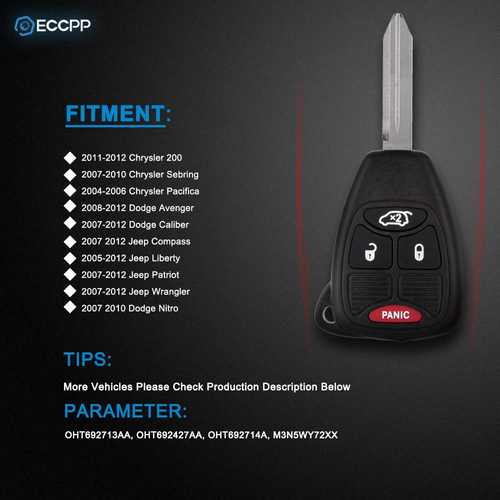 ECCPP Keyless Shell Case for Chrysler Jeep Key Fob Combo 4 Button M3N65981772 Replacement Remote Entry - View 2 of 6