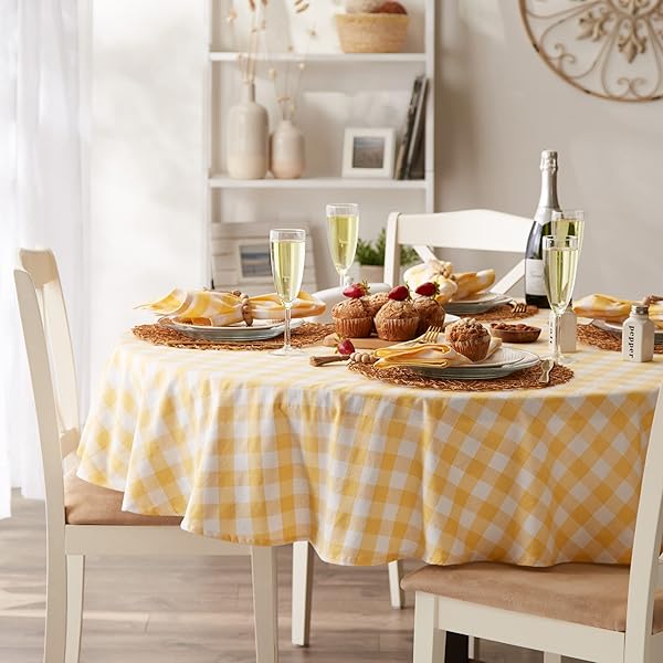 DII "Shop DII 100% Cotton Checkered Tablecloth - 70" Round, Yellow, Machine Washable for Stylish Dining" - View 5 of 7
