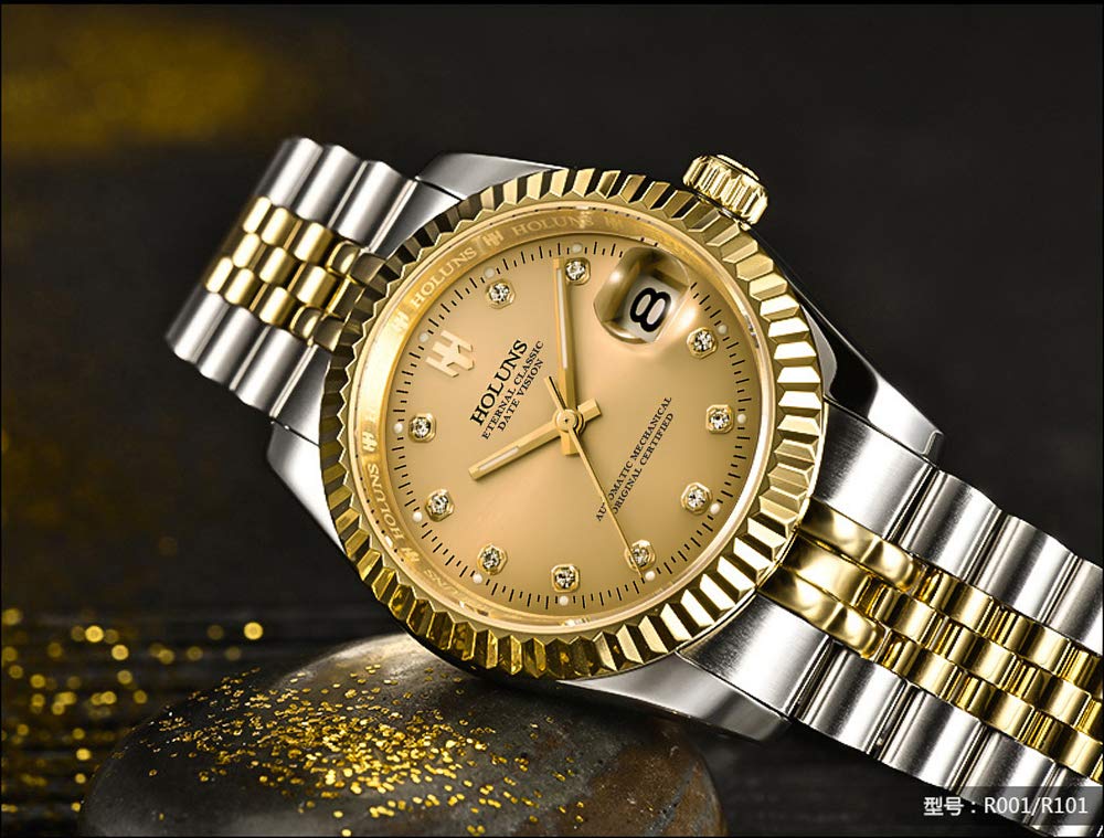 HOLUNS HOLUNS Mens Full Gold Automatic Mechanical Watch Waterproof Gilded Steel Sapphire Glass Dress Watch Gold Silver Dial - View 3 of 6