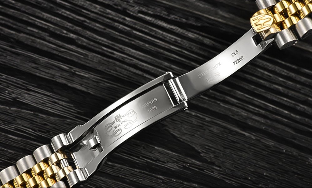 HOLUNS HOLUNS Mens Full Gold Automatic Mechanical Watch Waterproof Gilded Steel Sapphire Glass Dress Watch Gold Silver Dial - View 6 of 6