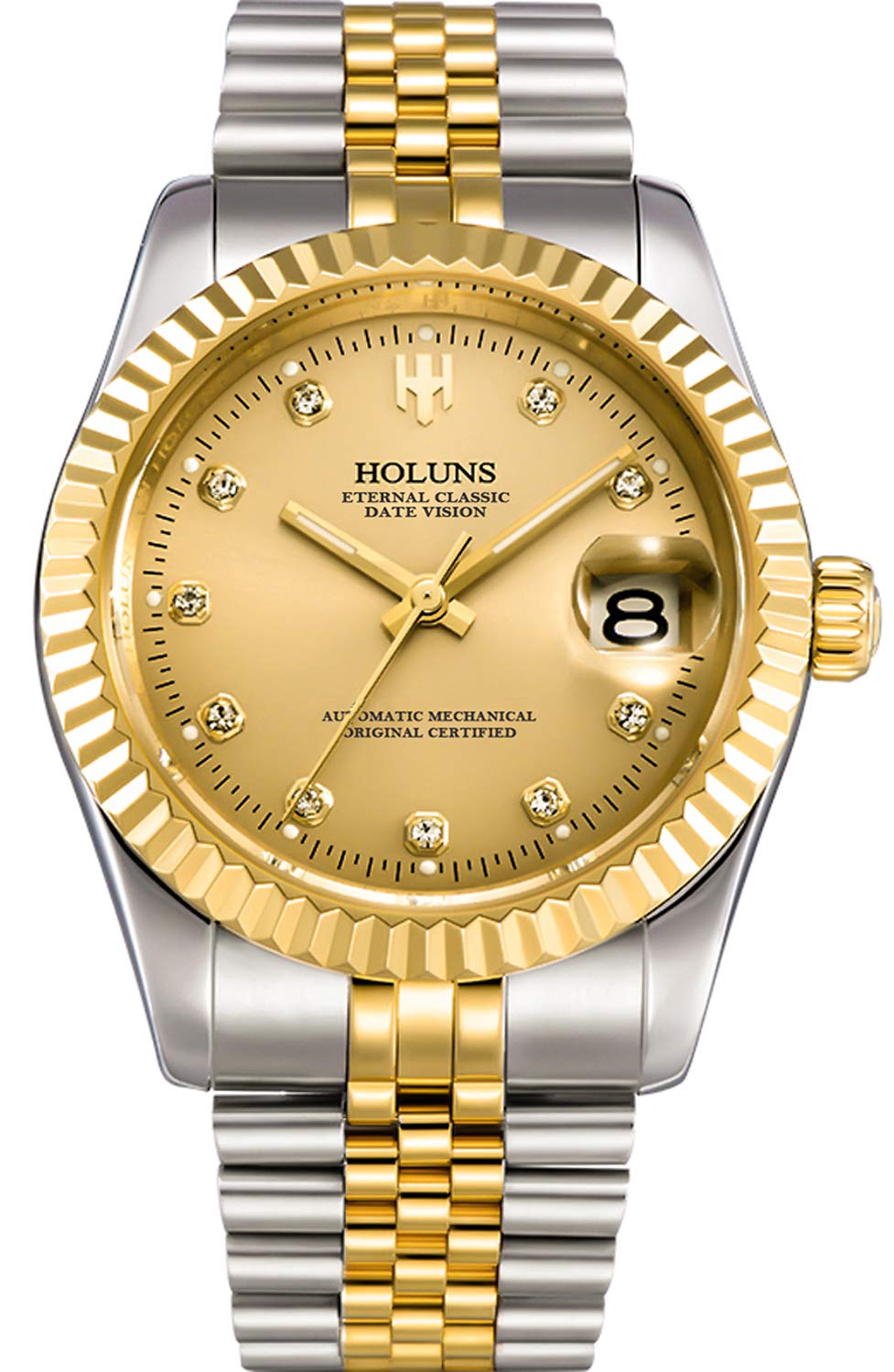 HOLUNS HOLUNS Mens Full Gold Automatic Mechanical Watch Waterproof Gilded Steel Sapphire Glass Dress Watch Gold Silver Dial