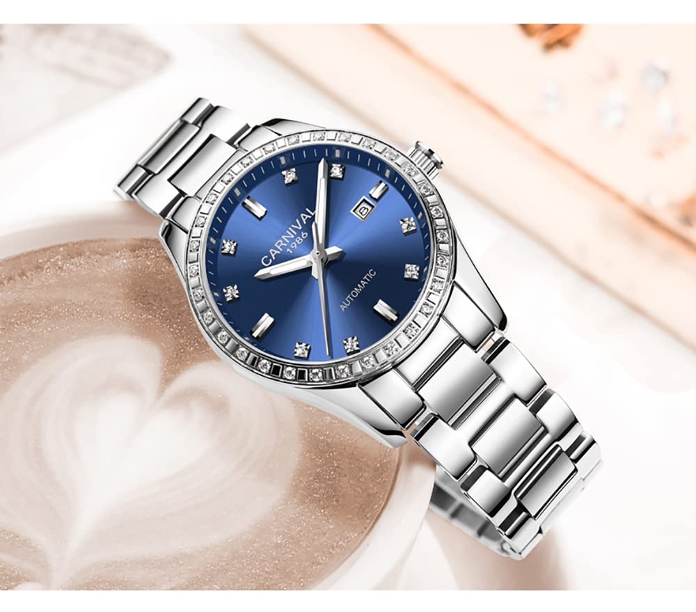 LOREO Womens Diamond Automatic Mechanical Rose Gold Stainless Steel Sapphire Waterproof Elegant Blue Watch Silver Blue Dial - View 2 of 3
