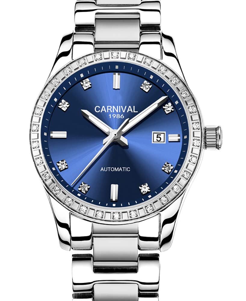 LOREO Womens Diamond Automatic Mechanical Rose Gold Stainless Steel Sapphire Waterproof Elegant Blue Watch Silver Blue Dial