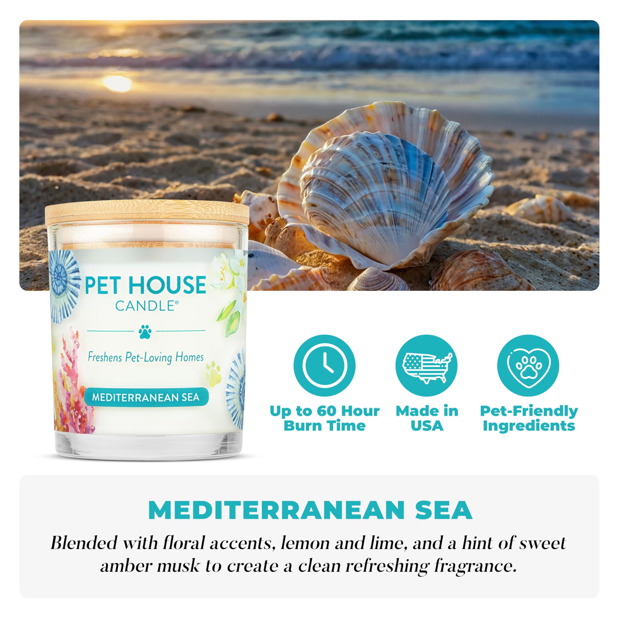 Pet House Candle Mediterranean Sea Natural Soy Wax Long Lasting Pet Odor Eliminating Candle Available in 15 Fragrances - View 2 of 8