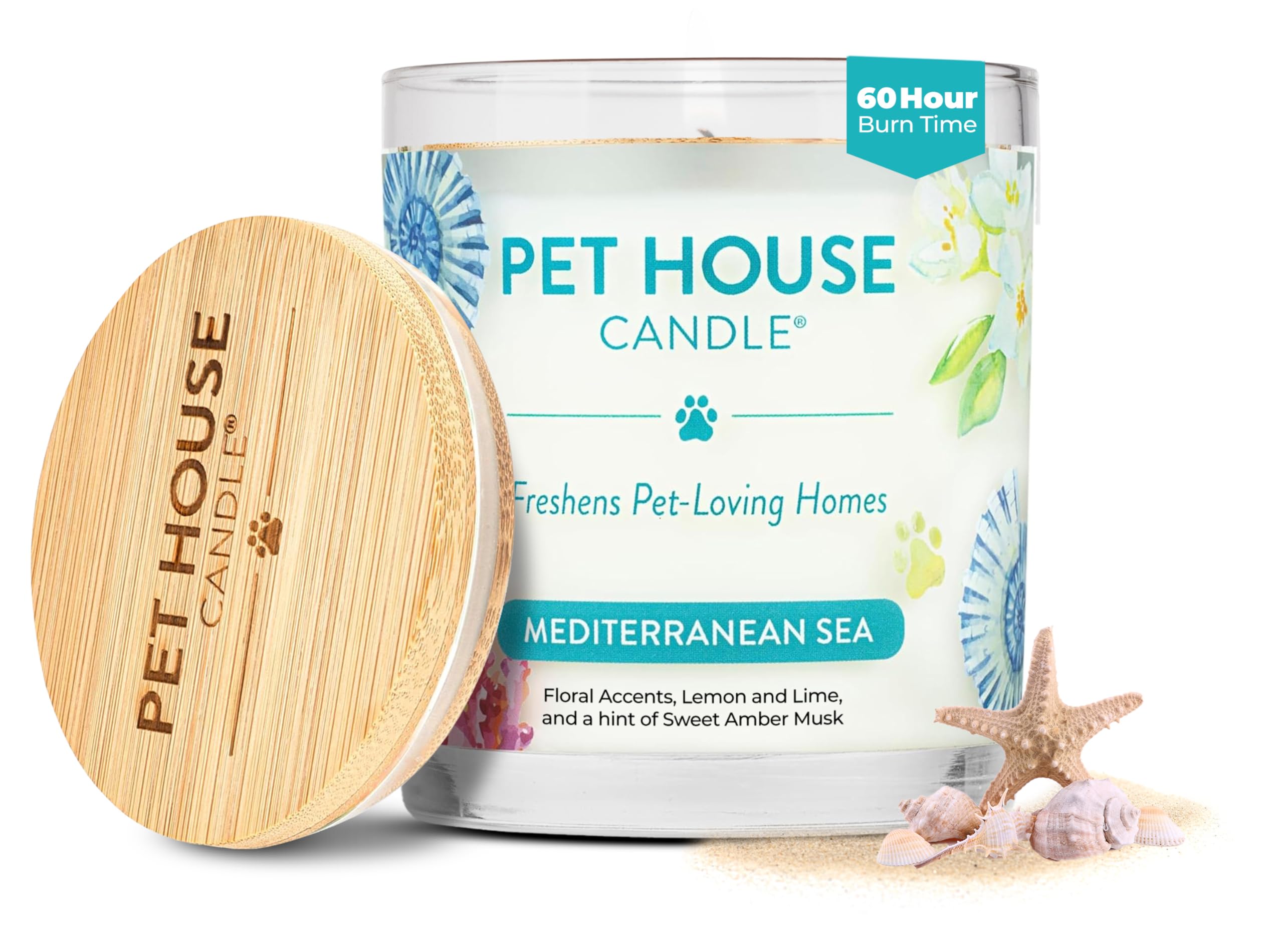 Pet House Candle Mediterranean Sea Natural Soy Wax Long Lasting Pet Odor Eliminating Candle Available in 15 Fragrances