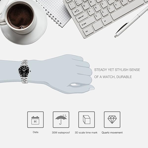 cofuo Mens Analog Quartz Watch Stainless Steel Band Business Classic Waterproof Roman Numeral Wristwatch Black - View 3 of 8